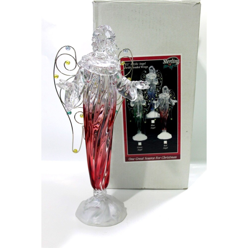 Sterling 13" Red Acrylic Angel Figurine Beaded Wings Holiday Christmas Decor